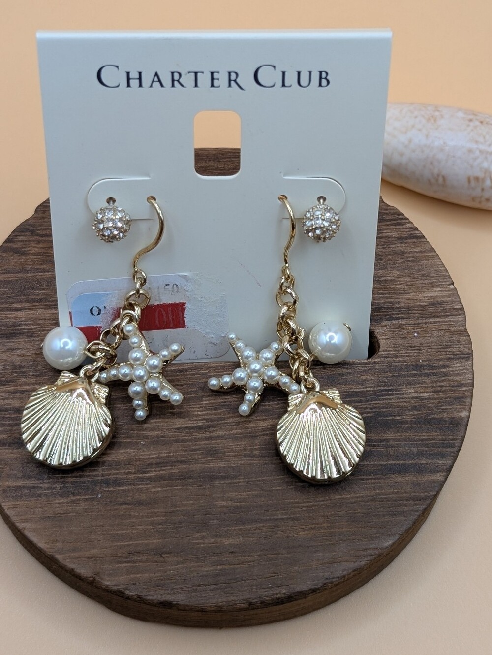 Charter Club Gold-Tone Pearl Starfish & Seashell Dangle Earrings & Sparkly Studs